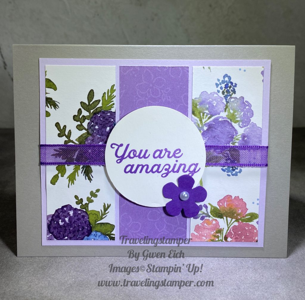 You can make this quick and simple card using the Hydrangea Hill DSP. With a few supplies you can make beautiful cards using Stampin' Up supplies!