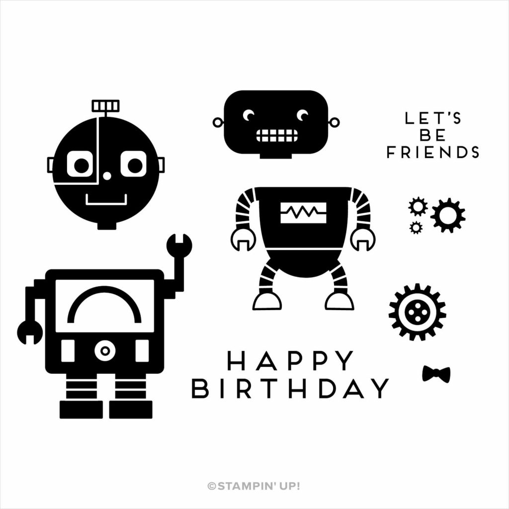 This cute robotic buddies photopolymer stamp set is included with the kit.