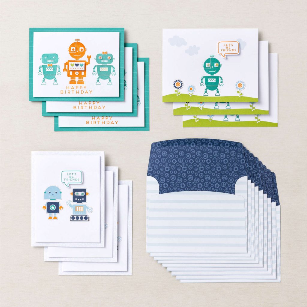 Enjoy 9 homemade cards with the Robot Buddies Card kit.