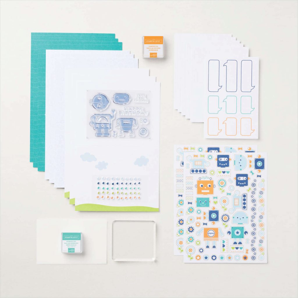 Everything you need in the Robot Buddies card kit to make 9 fun cards for any age.