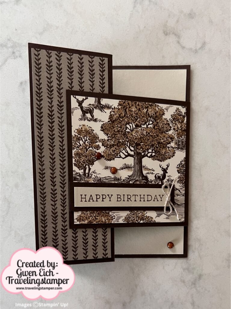 Front view of a quick and classy birthday fun fold card featuring the Autumn Toile DSP with a simple Happy Birthday sentiment.