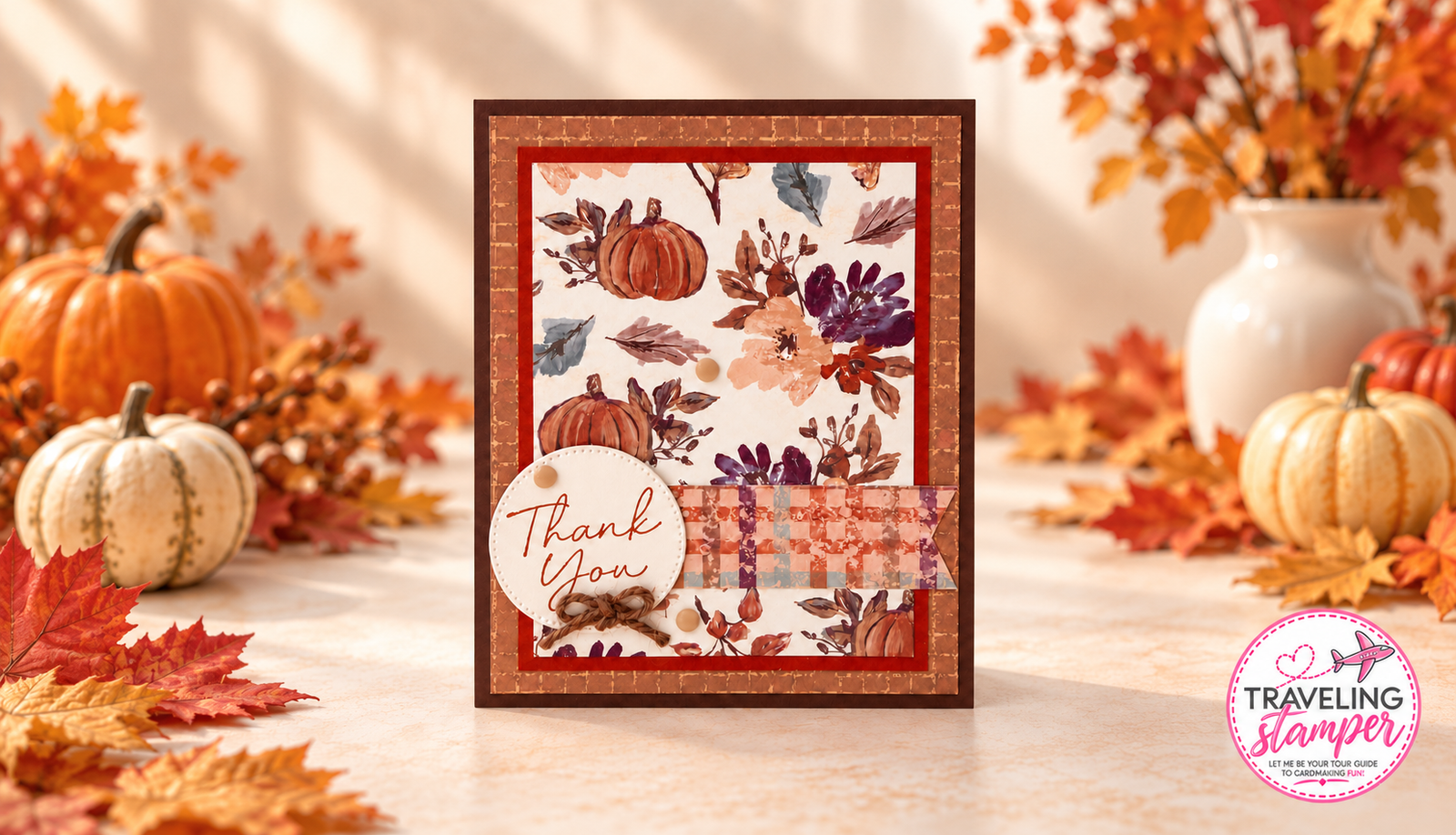 Autumn Opulence thank you card with pumpkin and floral patterned paper, layered cardstock, a circular greeting, and a jute bow, displayed against a fall background.