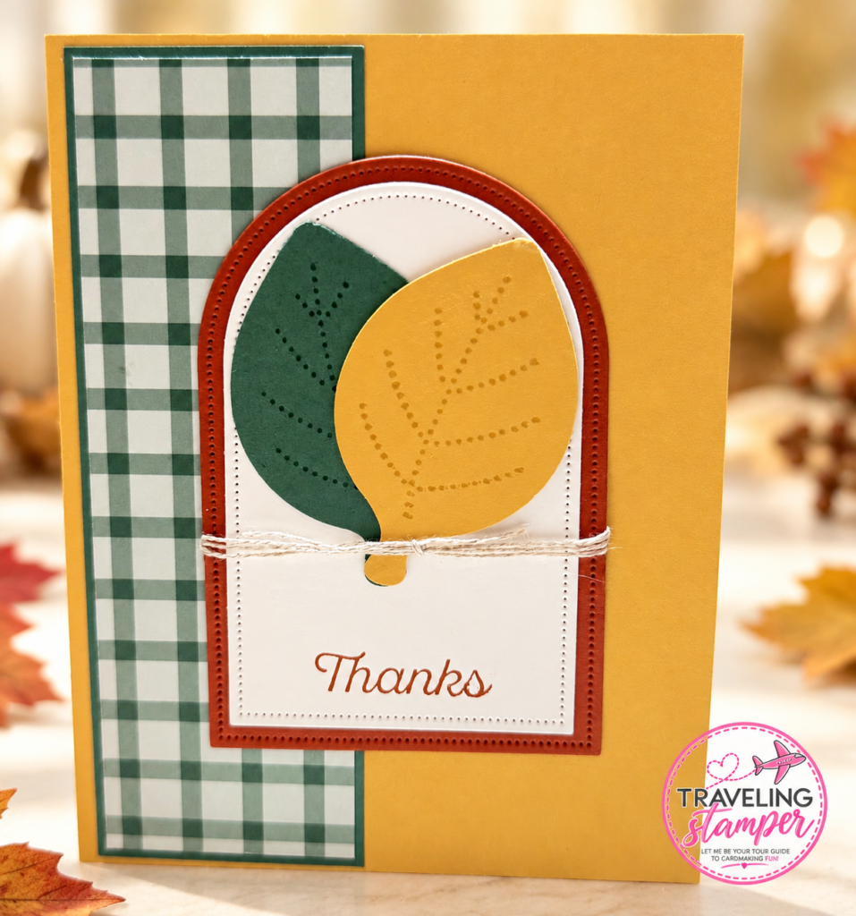 Handmade simple fall thank you card with green gingham paper, layered arches, green and gold leaves, and Linen Thread on a Golden Glow cardbase.