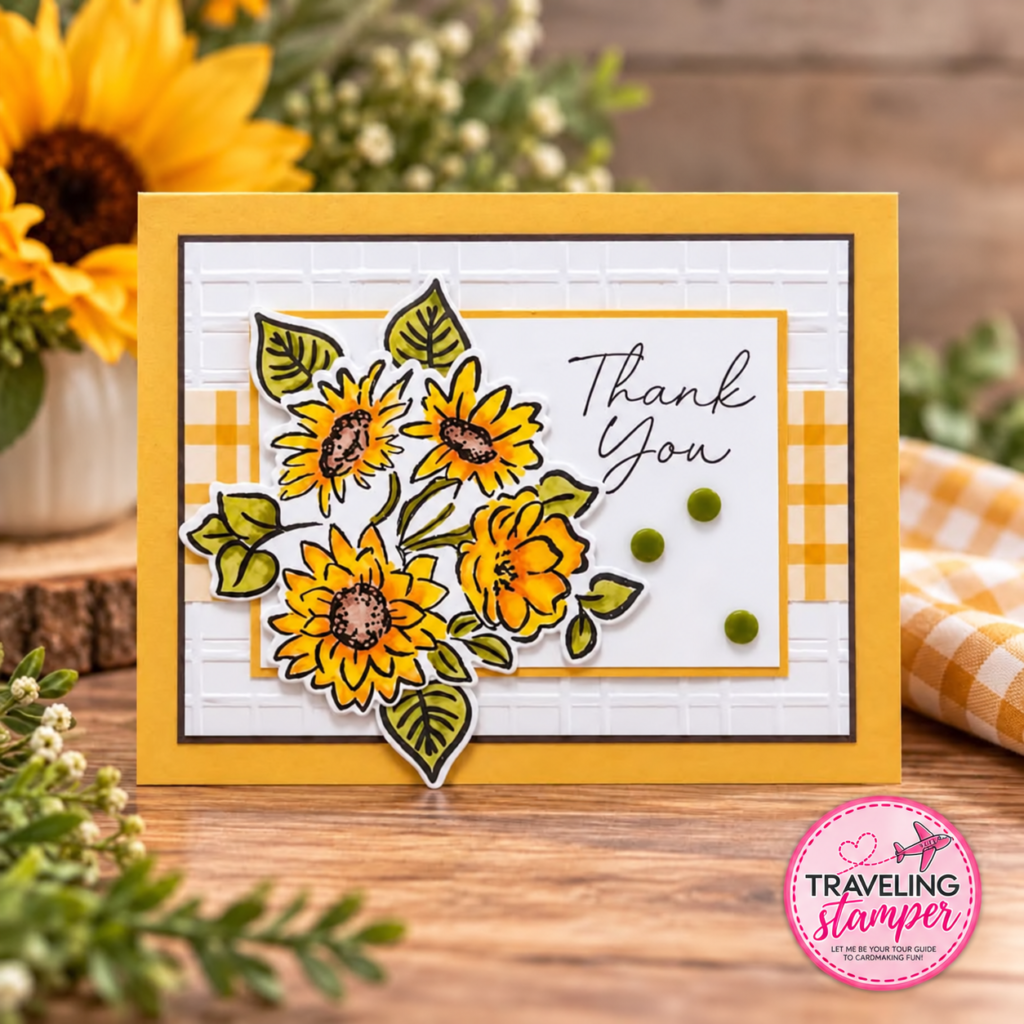 Sunflower thank you card with yellow flowers, green leaves, golden gingham paper, and a white plaid embossed background on a Golden Glow card base.