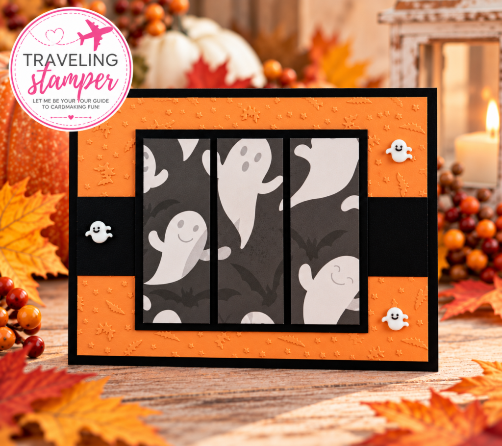 Quick and easy Halloween card featuring Frightfully Fun Designer Series Paper and a Timid Tiger embossed background.